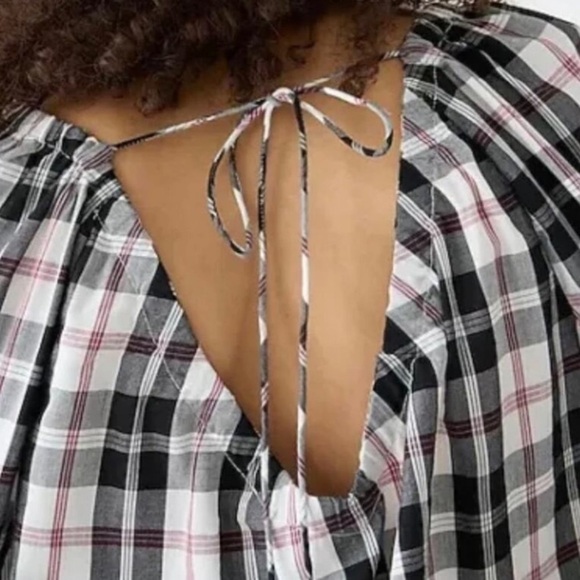 NWT J. Crew Friday Plaid V-Neck Pullover Blouse SZ M Black White & Pink Back Tie - Picture 14 of 15